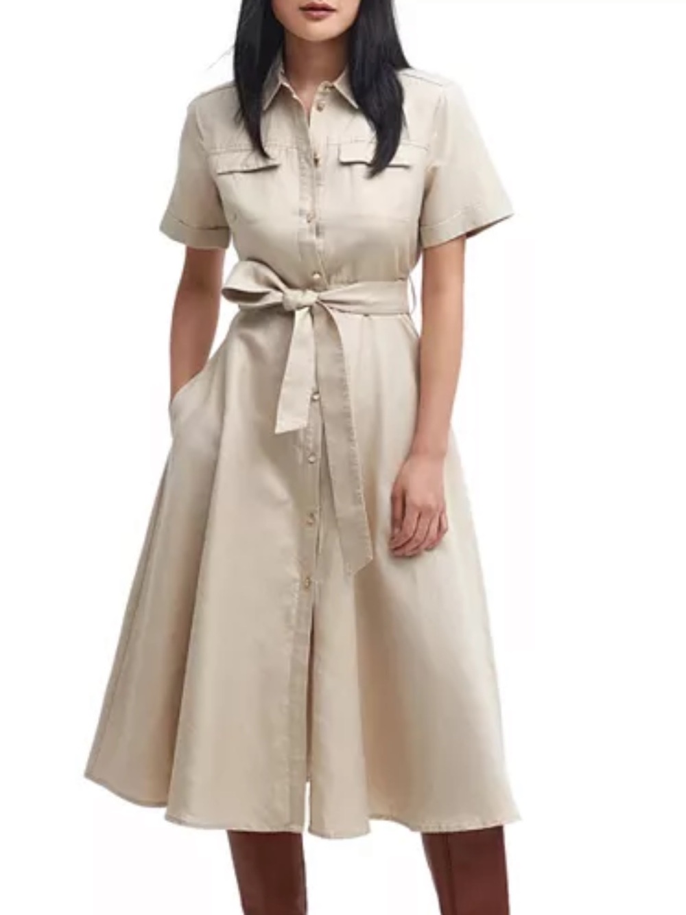 Barbour Beige Shirt Midi Dress with Self-Tie Waist